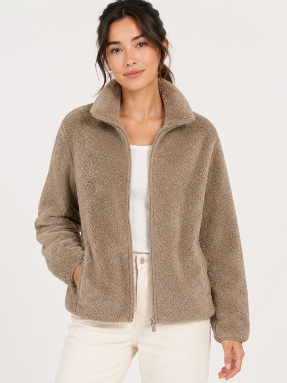 Uniqlo U Women S Taupe Beige Fuzzy Full Zip Jacket Teddy Fleece‎ Gorpcore E33